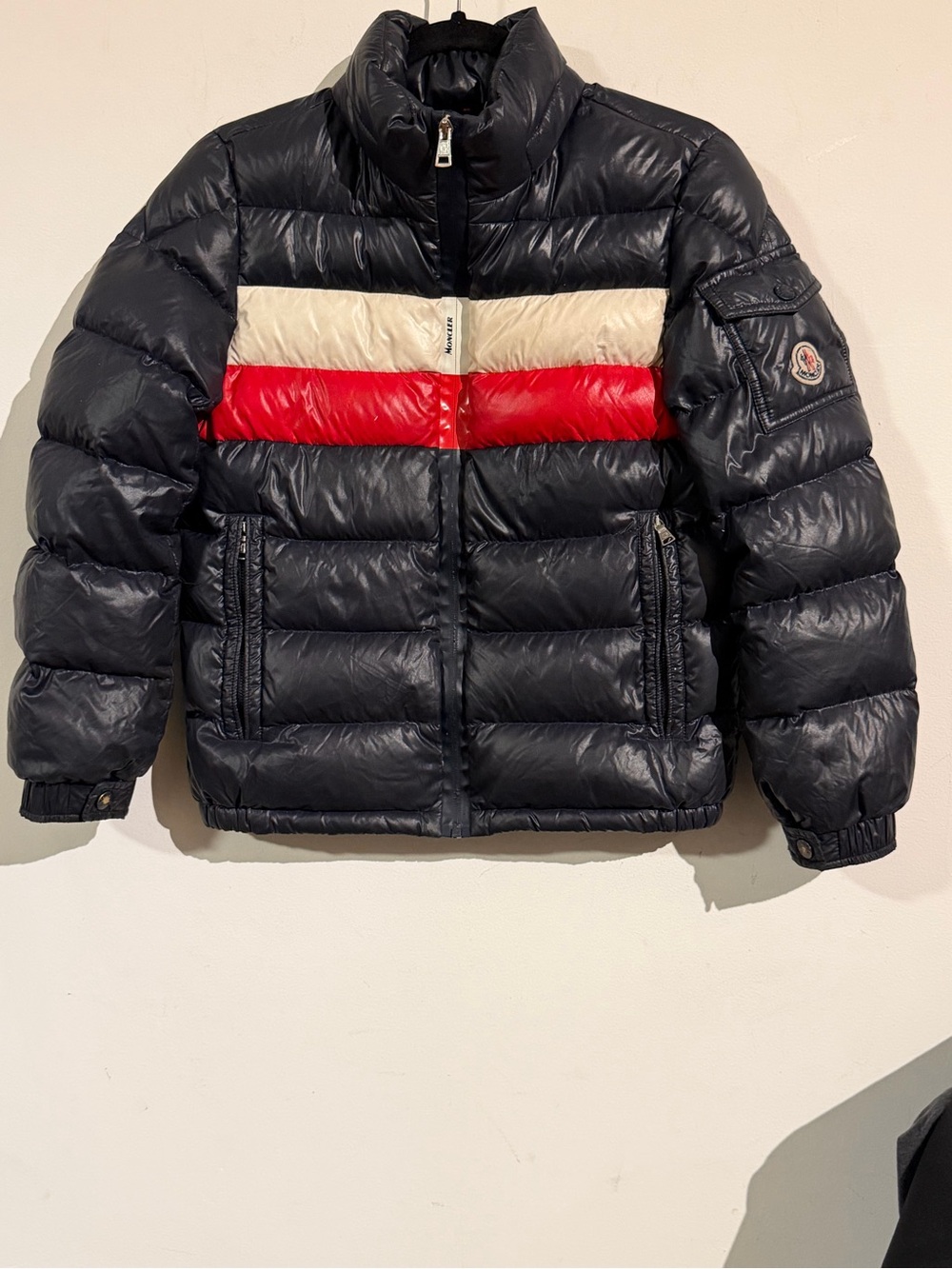 Moncler Navy Puffer Jacket with Red and White Chest Stripes